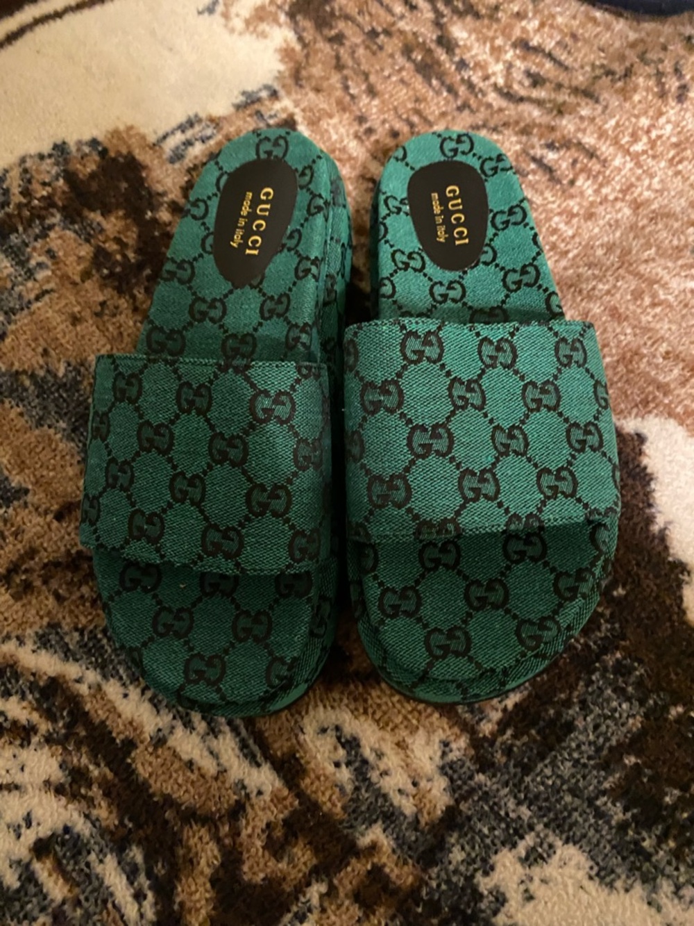 Gucci Green and Black GG Canvas Slide Mules